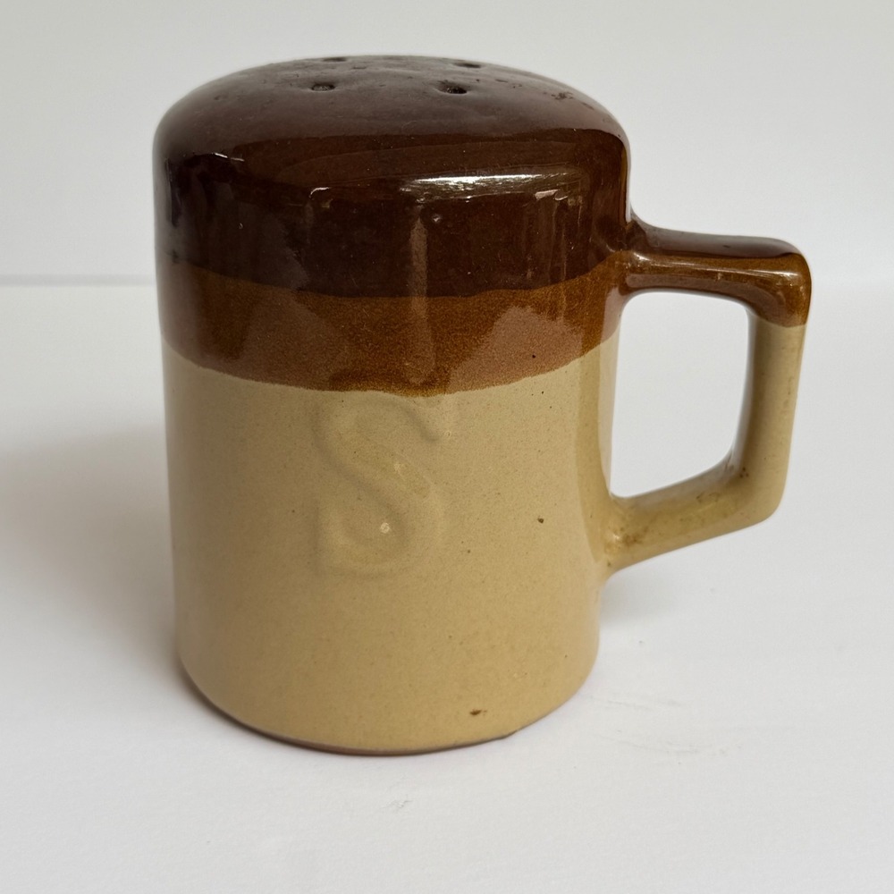 Vintage Stoneware Salt Shaker Mug Shape Brown Tan Glazed Ceramic S Embossed 4in